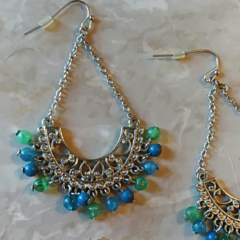 SILVER BEADED CHANDELIER EARRINGS
